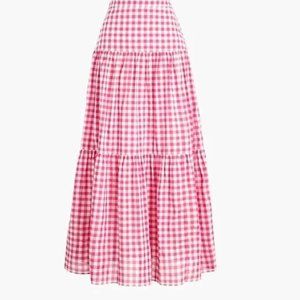 J. Crew pink white gingham check tiered pull on maxi skirt